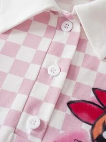 THE POWERPUFF GIRLS X SHEIN Tween Girl Polo Collar Checkered Short Sleeve Ruffle Hem Dress - Pink - View 5