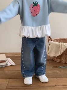 DAZY Infant/Toddler (Girl) Heart Casual Loose All-Season Versatile Denim - Medium Wash - View 3
