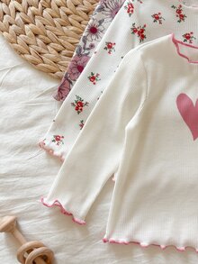 SHEIN 6件組新生女嬰可愛休閒針織圖案長袖套裝，適用春、秋、冬季 - 粉色 - 查看 5