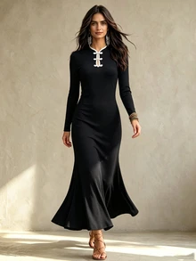 OPHERINE فستان نسائي أنيق بأكمام طويلة مع تصميم أزرار الضفدع وذيل السمكة - الأسود - مشاهدة 1