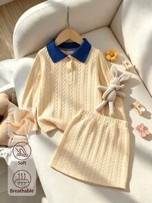 少女 2件組對比色翻領麻花針織開襟衫與裙子套裝，秋冬學院風長袖女童套裝，鈕扣裝飾時尚少女針織套裝 - 黃色 - 查看 6