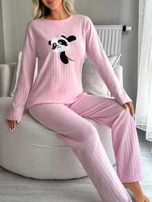 SHEIN Women Pink Cute Panda Embroidery Ribbed Long Sleeve Top & Pants Pajama Set - Pink - View 4