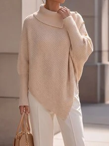 SHEIN Women's Asymmetric Design Single-Sided Button Decor Cape Batwing Sleeve High Neck Long Sleeve Ribbed Knit Sweater, Fashionable And Elegant, Suitable For Daily Commute, Dating, Shopping - Khaki - View 1