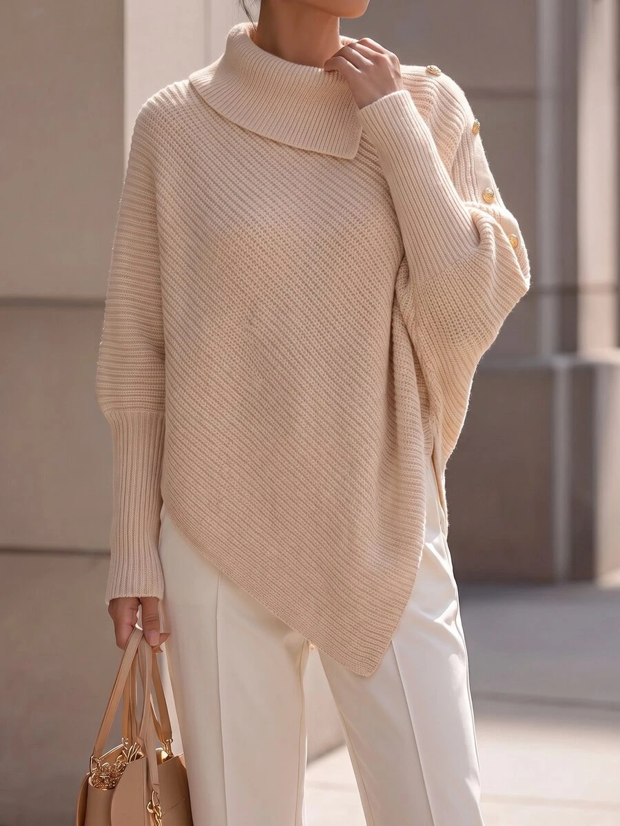 SHEIN Women's Asymmetric Design Single-Sided Button Decor Cape Batwing Sleeve High Neck Long Sleeve Ribbed Knit Sweater, Fashionable And Elegant, Suitable For Daily Commute, Dating, Shopping - Khaki - View 1