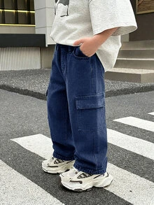 SHEIN 男童黑色丹寧寬鬆工裝褲 - 深色水洗藍 - 查看 4