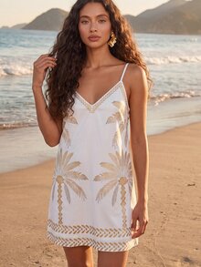 CAJUNI Short, Loose-Fitting Summer Dress With Palm Tree Print, Strappy Design, Sleeveless, And V-Neck. - Multicolor - View 4