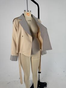 Momance Áo trench ngắn bầu phối cổ caro patchwork màu xám, phong cách công sở thanh lịch, cổ điển, thường ngày cho mùa thu - Màu Khaki - Xem 12