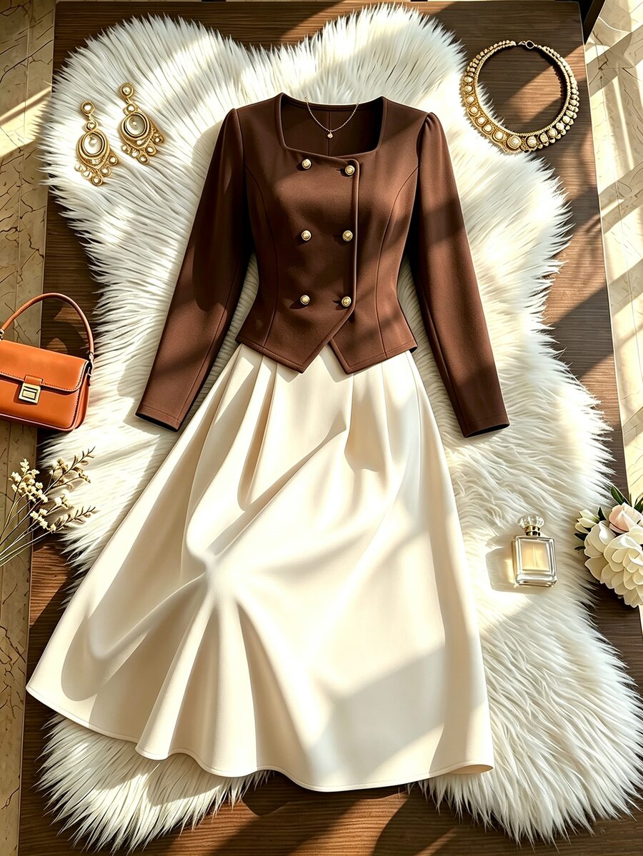 GlowEve CURVE Plus Size Autumn/Winter Elegant Commuter Square Neck Front Metal Button Jacket & A-Line Skirt 2 Pieces Set - Coffee Brown - View 1