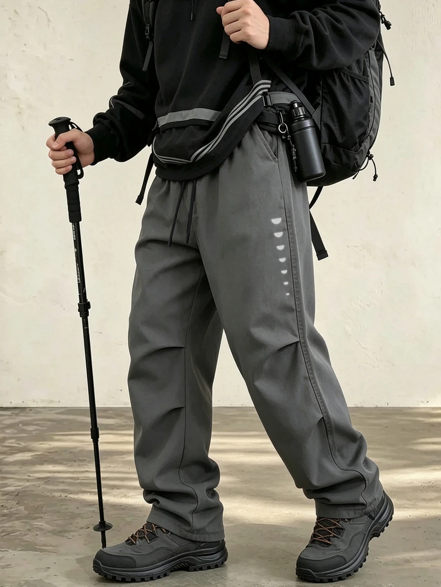 Gym Rark Men's Functional Casual Long Pants, Drawstring Elastic Waist Loose Fit, Reflective Detail Outdoor Hiking Travel Sports Pants - Dark Grey - View 1