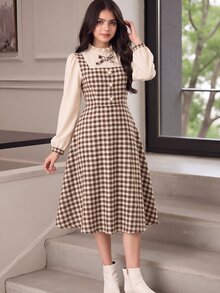 Tween女孩長袖格紋收腰蝴蝶結誇張領長洋裝，秋季款 - 卡其色 - 查看 3