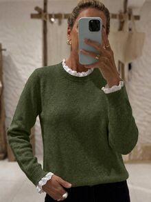Sprig & Strand 春夏女款休閒居家舒適優雅針織上衣，純色長袖小圓領蕾絲拼接套頭衫，上班通勤毛衣 - 綠色 - 查看 5