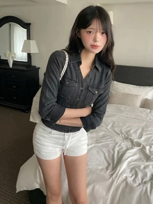 DAZY Women's Collared Washed Casual Denim Top, Korean Style - Grey - View 5