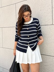 Easura Plus Size Striped Crew Neck Colorblock Knit Sweater - Navy Blue - View 5