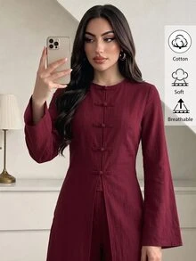 SHEIN LUNE CURVE New Middle East Plus Size Casual Women's Long Top With Frog Button Decoration And Straight Leg Pants 2 Pieces Set Fall - Burgundy - View 3