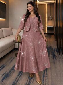 SHEIN Lady Plus Size Women's Shiny Open Front Short Sleeve Jacket And Dress Elegant 2 Pieces Set - Dusty Pink - View 4