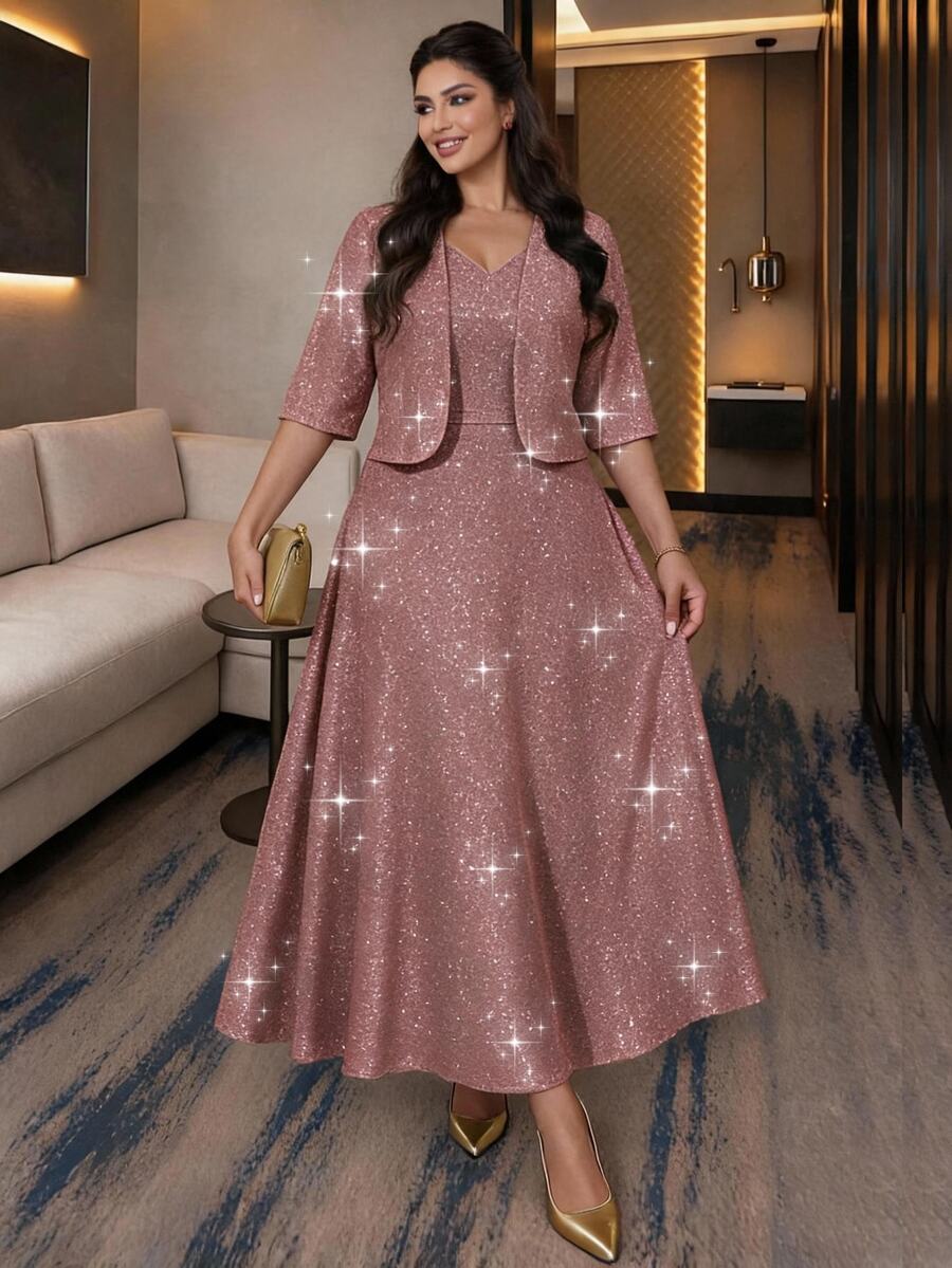 SHEIN Lady Plus Size Women's Shiny Open Front Short Sleeve Jacket And Dress Elegant 2 Pieces Set - Dusty Pink - View 1