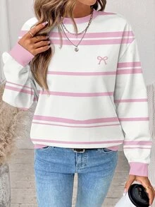 SHEIN LUNE 大尺碼條紋拼色長袖運動衫，適合日常穿著 - 彩色 - 查看 4