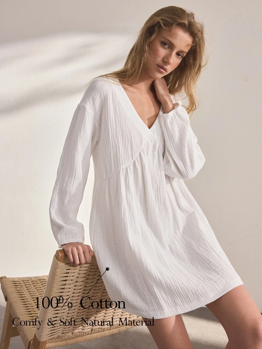 Ocili Women's Solid Color Pure Cotton Comfortable Minimalist Long Sleeve Nightgown Loungewear Dress - White - View 1