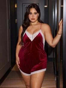 SilkySpell Christmas Style V-Neck Back Criss-Cross Lace Trim Patchwork Korean Fleece Sexy Plus Size Jumpsuit Pajamas - Burgundy - View 2