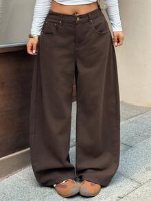 Dazy Plus Solid Brown Versatile Korean Style Casual Loose Long Curved Leg Denim Jeans - Brown - View 6