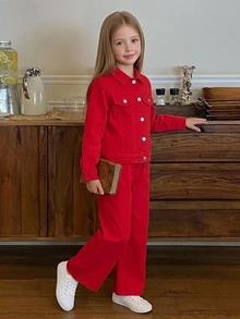 Hapijoa Tween Girl Button Long Sleeve Jacket And Loose Long Pants Denim Set - Red - View 4