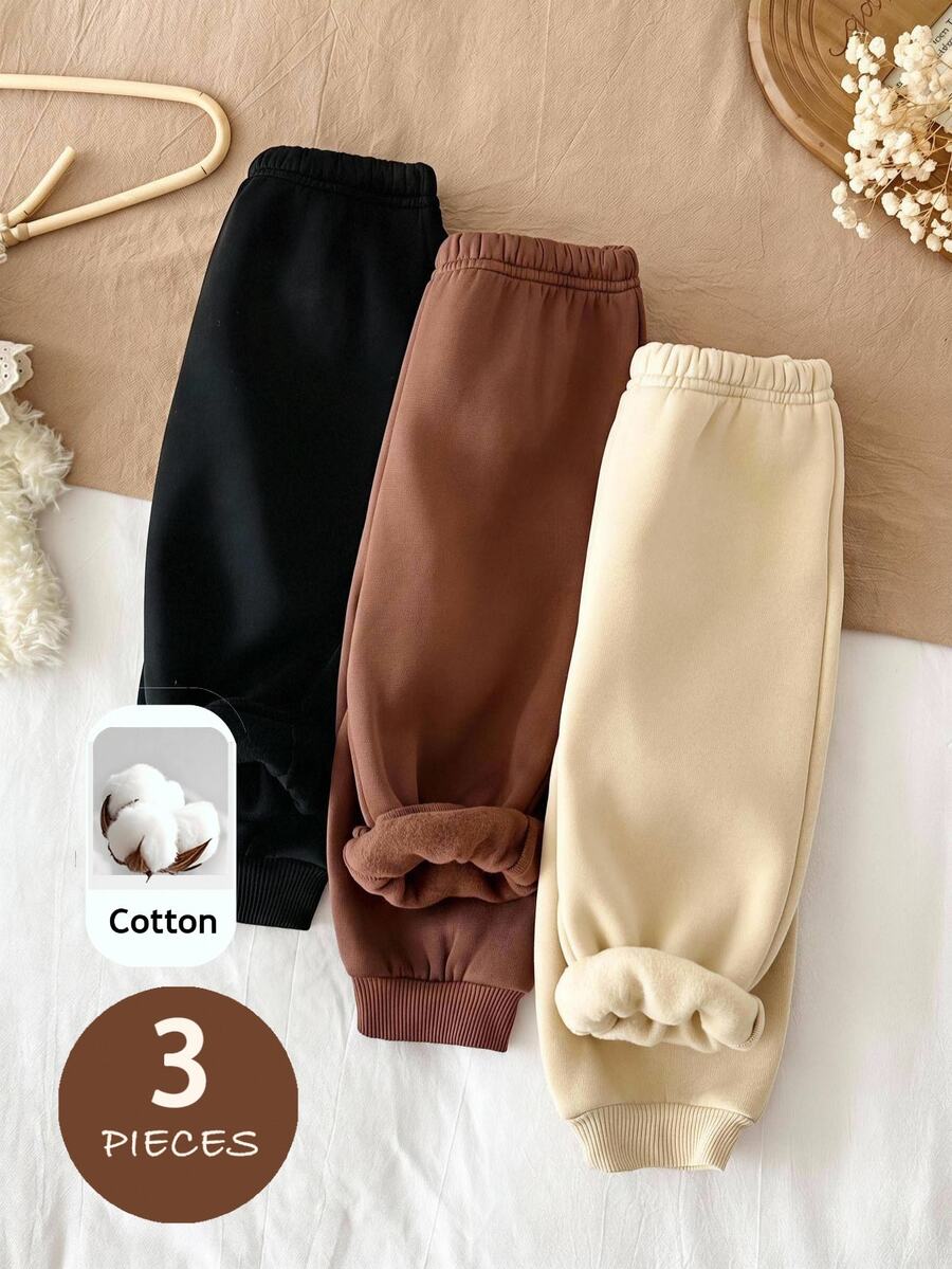 SHEIN 3件組女嬰純色針織休閒長褲,秋季百搭褲,棕色、杏色、黑色 - 彩色 - 查看 1