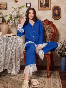 Côtesoire طقم بيجامة نسائي فرنسي أنيق رومانسي بتصميم دانتيل مرقع - أزرق غامق - مشاهدة 6