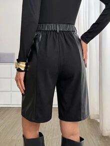 SHEIN LUNE Celana Pendek Wanita Hitam Kulit PU Motif Patchwork untuk Perjalanan Sehari-hari, Kasual, Panjang Sedang, Dilengkapi Saku - Hitam - View 3