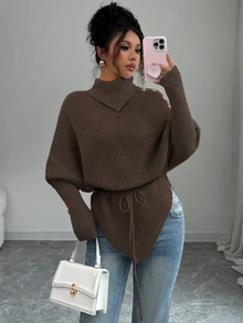 Breezaya Women's Batwing Sleeve Asymmetrical Tie Cape Knit Sweater - Brown - View 3