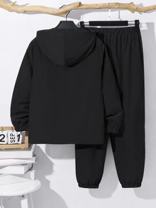SHEIN 青少年男孩半拉鍊連帽外套與收口長褲2件套，休閒運動風，適合秋冬 - 黑色 - 查看 2