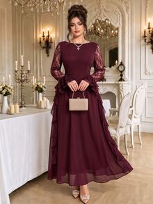 Roveilla Gaun Panjang Wanita Ukuran Besar Elegan Bergaya Vintage Romantis untuk Pesta Pernikahan, Bahan Chiffon Warna Polos, Leher Bulat, Lengan Berenda Kontras, Desain Ruffle, Musim Gugur/Dingin - Burgundy - View 3