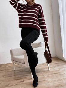 SHEIN Unity كنزة صوفية نسائية مخططة بياقة دائرية وأكمام طويلة منسدلة كاجوال - Merry Berry - مشاهدة 4