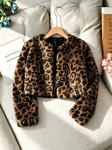 SHEIN Casuvi Kids 1件女童柔軟毛絨外套，優雅高貴長袖短版修身連帽外套，適合秋冬穿著 - 彩色 - 查看 3