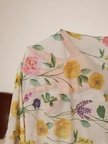 Slumberist 3pcs Lace Patchwork Sexy Camisole Shorts + 3D Floral Wide Sleeve Mesh Plus Size Printed Robe Set - Multicolor - View 8