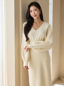 DAZY Women's Solid Color V-Neck Casual Everyday Knit Dress - Beige - View 5