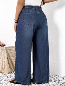 SHEIN MOD بنطلون جينز كاجوال للاستخدام اليومي للنساء بمقاسات كبيرة مع جيوب - أزرق داكن - مشاهدة 2