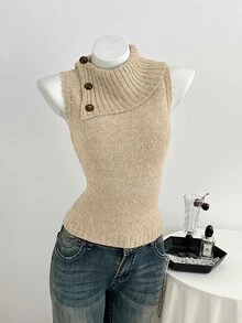 Elamini Women's Casual Versatile Design Collar Vintage Commute Daily Wear Autumn/Winter Slim Fit Sweater Vest - Khaki - View 5