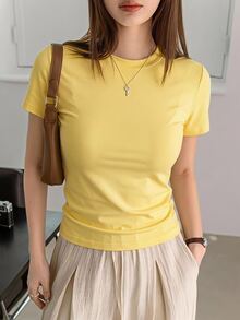 DAZY Solid Color Round Neck Fitted Short Sleeve Base Layer Women's T-Shirt - Pale Yellow - View 4