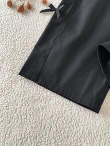 SHEIN 1件少女秋冬復古休閒黑色純棉布直筒寬腿長褲，側面飾有3D蝴蝶結，適合春秋日常外出 - 黑色 - 查看 5