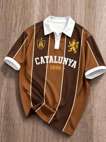 Manfinity Joysei Men's Striped Letter Print Button Half-Placket Polo Shirt - Brown - View 1