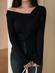 DAZY 女款素色不對稱肩休閒日常開襟衫 - 黑色 - 查看 3
