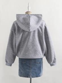 SHEIN Autumn/Winter Girls' Hooded Zip-Up Jacket - Mixed Street Style, Rhinestone Sweatshirt Knit Fabric Suitable For Autumn/Winter, Slightly Oversized Fit With Growth Room, Campus To Street Instant Transformation Into Energetic Girl! - Grey - View 2