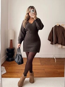 Vionelle Autumn/Winter Plus Size V-Neck Long Sleeve Knit Short Dress With Lace Patchwork And Tie Back, Fitted Knit Dress - Brown - View 4