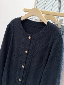 GlowEve CURVE Plus Size Women's Diamond Lattice Pattern Rope Detail Fashion Casual Elegant Pullover Knit Sweater Cardigan Solid Color Long Sleeve Button-Up Winter - Royal Blue - View 3