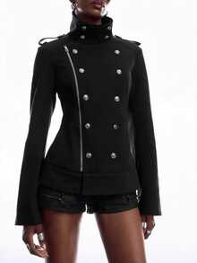 LYSMO Jaket Napoleon Kasual Lengan Panjang Kancing Ganda dengan Resleting di Bagian Depan untuk Wanita - Hitam - View 5