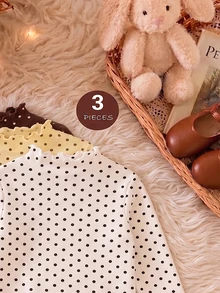 3pcs/Set Girls' Polka Dot Base Layer Tops, Delicate Frill Trim Design On Neckline And Hem, Sweet Vibe, Soft And Stretchy Knitted Fabric - Multicolor - View 3