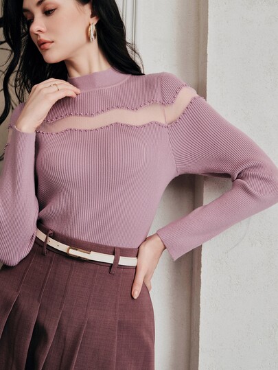 Anewsta Maillard Autumn Outfit For Women, Purple Heavy Beaded Sweater, Commuter Women's Top