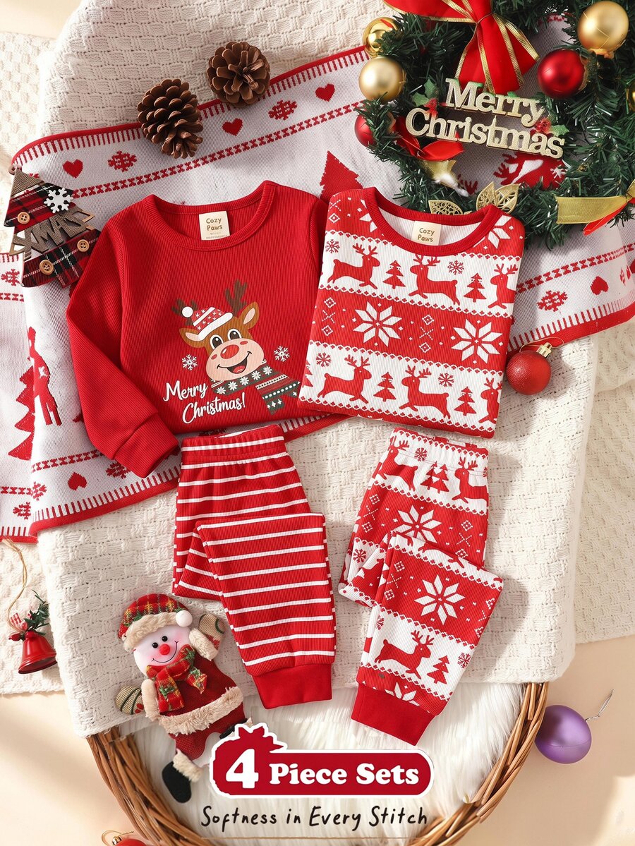 Cozy Pixies Baby Boys Pajamas Christmas Reindeer & Island Pattern Print Fitted Sleepwear 4-Piece Set - Red and White - View 1