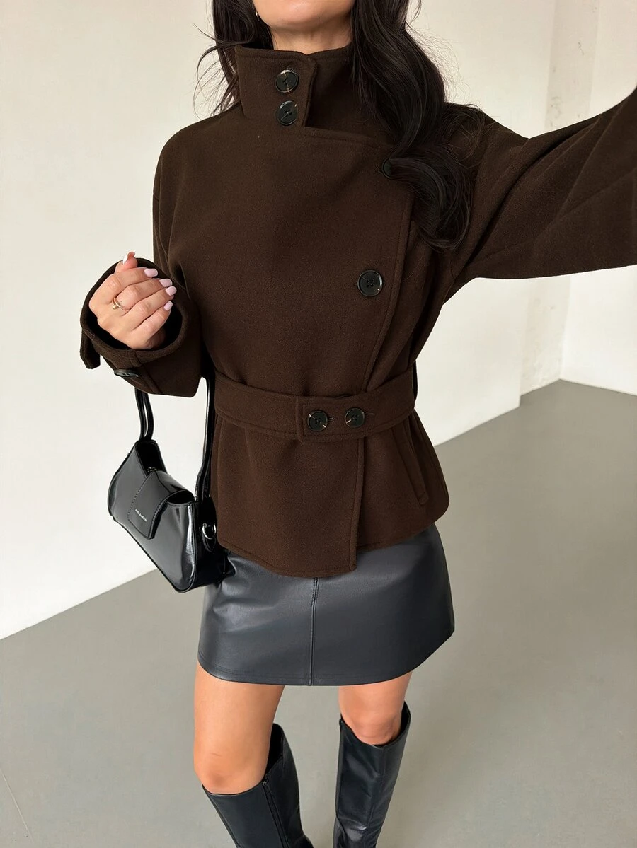 Firerie Women's Solid Color Stand Collar Long Sleeve Casual Commute Overcoat - Brown - View 1