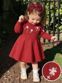 SHEIN 女嬰幼兒針織套頭圓領長袖毛衣洋裝，舒適秋季/冬季穿著，綠色/深綠色，優雅淑女風，刺繡重工設計，時尚時髦，適合日常穿著、外出、旅行、上學 - 紅色 - 查看 1